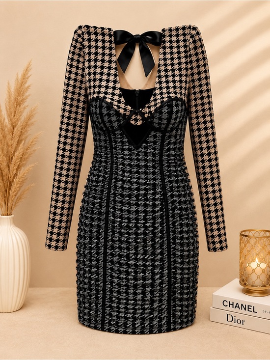 ASOS Dresses & Skirts - ASOS Black and Beige Houndstooth Long-Sleeve Bodycon Dress with Bow Back